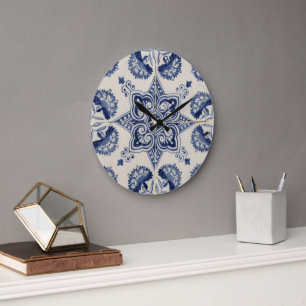 Vintage Blue White Geometric Flower Mönster Stor Klocka