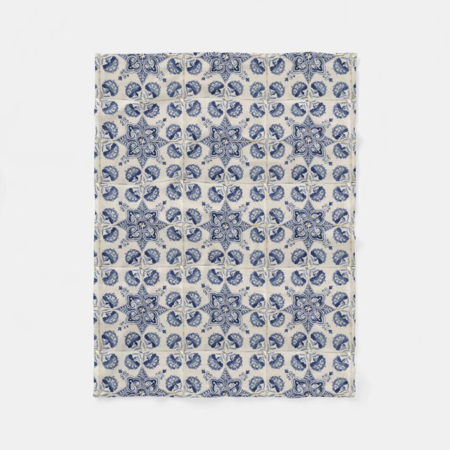 Vintage Blue White Geometric Flowers Mönster Fleecefilt (Framsidan)