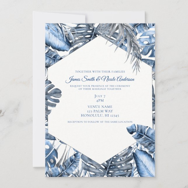 Vintage Blue & White Tropical Handflatan Löv Bröll Inbjudningar (Framsida)