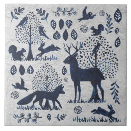 Vintage Blue & White Woodland Animal Fox Rabbit Kakelplatta