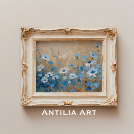 Vintage Blue Wildblomma Fält Painting Botanical Poster