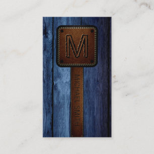 Vintage Blue Wood Brown Leather Visitkort