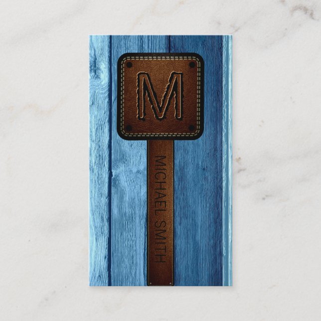 Vintage Blue Wood Brown Leather Visitkort (Framsida)