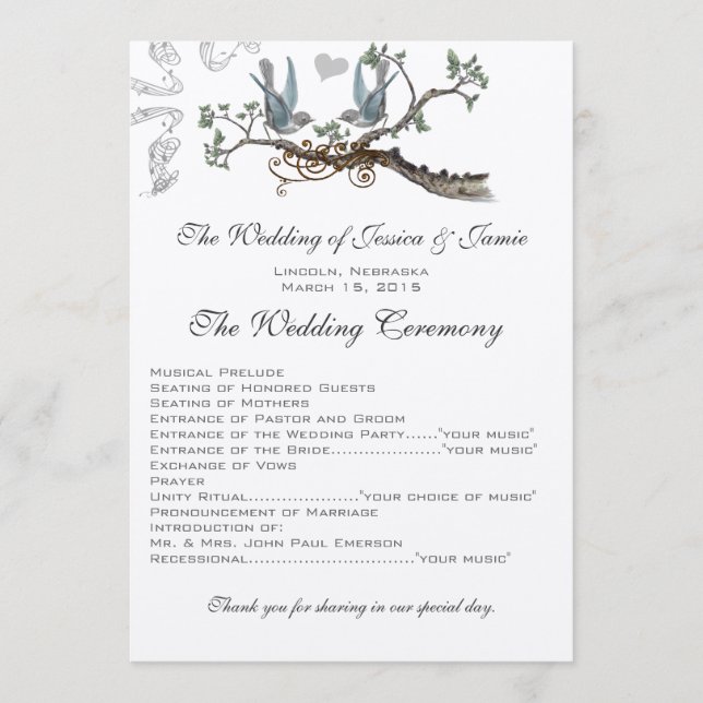 Vintage Bluebird-Bröllopsprogram Program (Framsida)