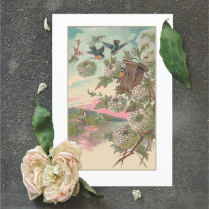 Vintage Bluebird House Hydrangea Birthday Kort