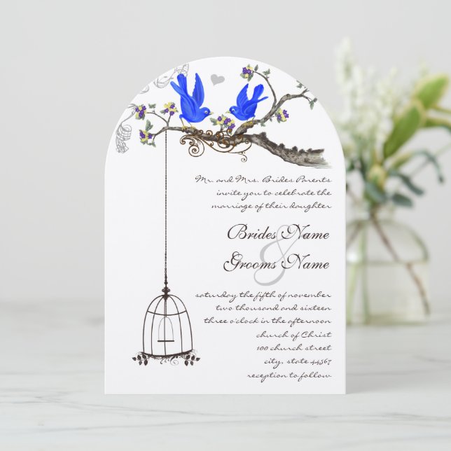 Vintage Bluebirds Royal Blue Blooms Bröllop Inbjudningar (Stående Fram)
