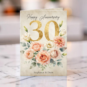 Vintage Blush Blommig Akvarell 30-årsjubileum Kort