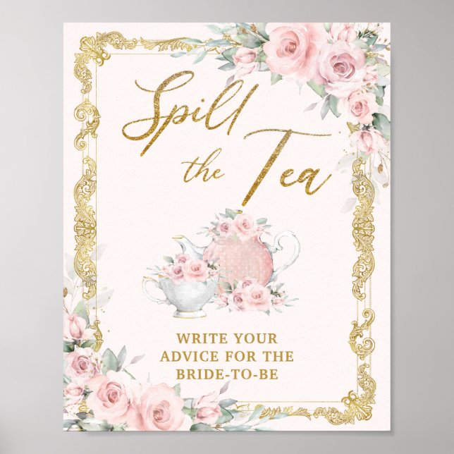 Vintage Blush Blommig Bröllopsdusch Spill the Tea Poster (Framsidan)