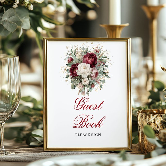 Vintage Blush Burgundy Blommig Gästbok Poster (Vintage Blush Burgundy Floral Guest Book Poster)