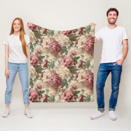 Vintage Blush Peony Cream Floral Pattern Fleecefilt