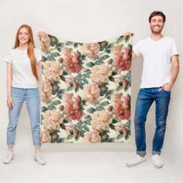 Vintage Blush Peony Cream Floral Pattern Fleecefilt