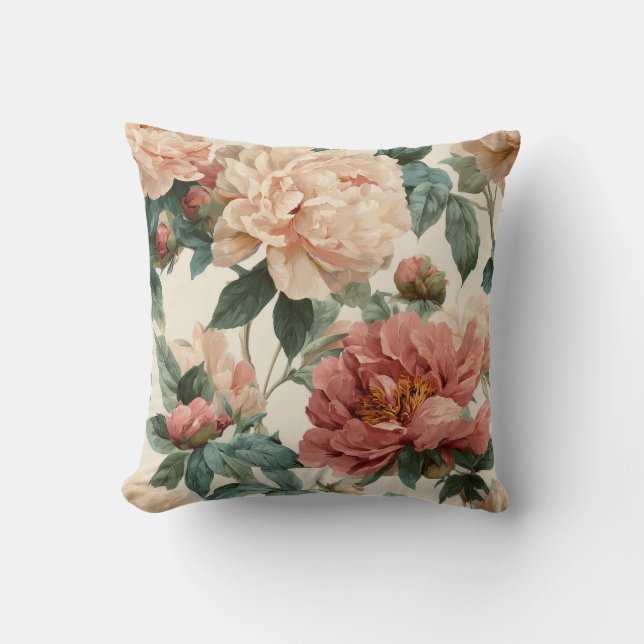 Vintage Blush Peony Cream Floral Pattern Kudde (Framsida)