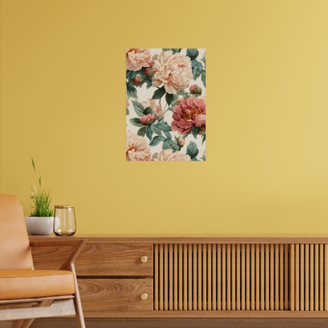 Vintage Blush Peony Cream Floral Pattern Poster (Vardagsrum 2)