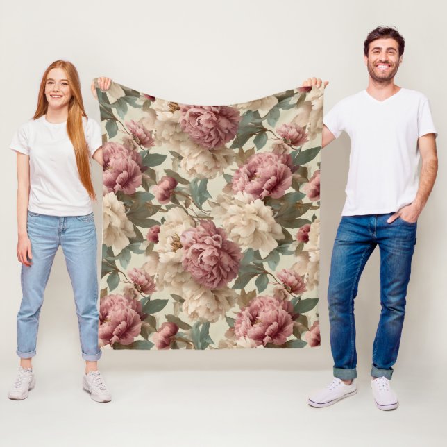 Vintage Blush Peony Kräm Blommönster Fleecefilt (På plats)