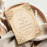 Vintage Blush Rose Garden Wedding Spara Datumet<br><div class="desc">A romantic vintage wedding design featuring delicate watercolor blush roses blooming in the corners around an elegant scalloped frame. Set against a warm parchment background, the soft botanical details and refined typography create a timeless garden aesthetic inspired by classic European wedding stationery. The gentle pastel palette and antique floral charm...</div>