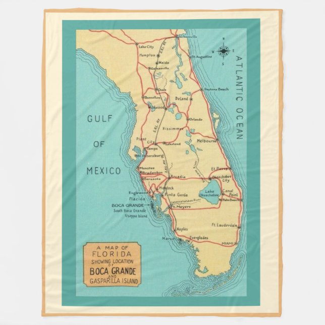 Vintage Boca Grande Florida Karta Fleecefilt (Framsidan)