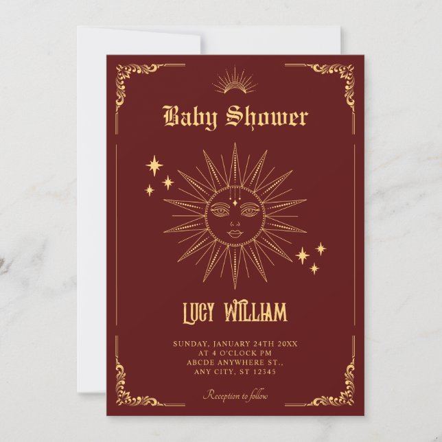 Vintage Bohemian art mystical sun baby shower Inbjudningar (Framsida)