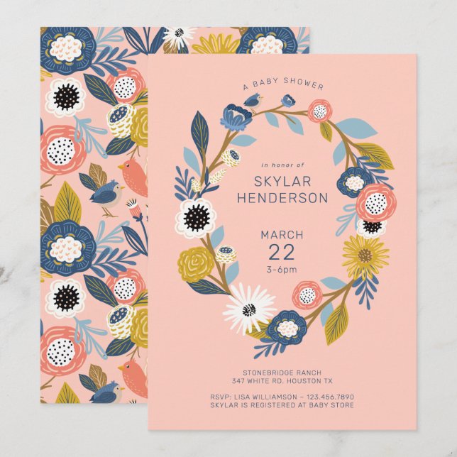 Vintage Bohemian Blommigt Utandning Baby Bird Show Inbjudningar (Fram/baksida)