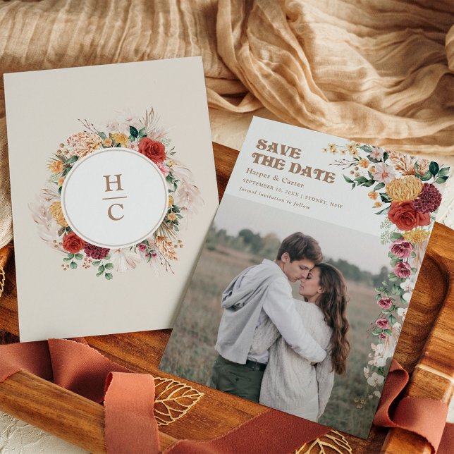 Vintage Bohemian Flowers Photo Save Date (Skapare uppladdad)