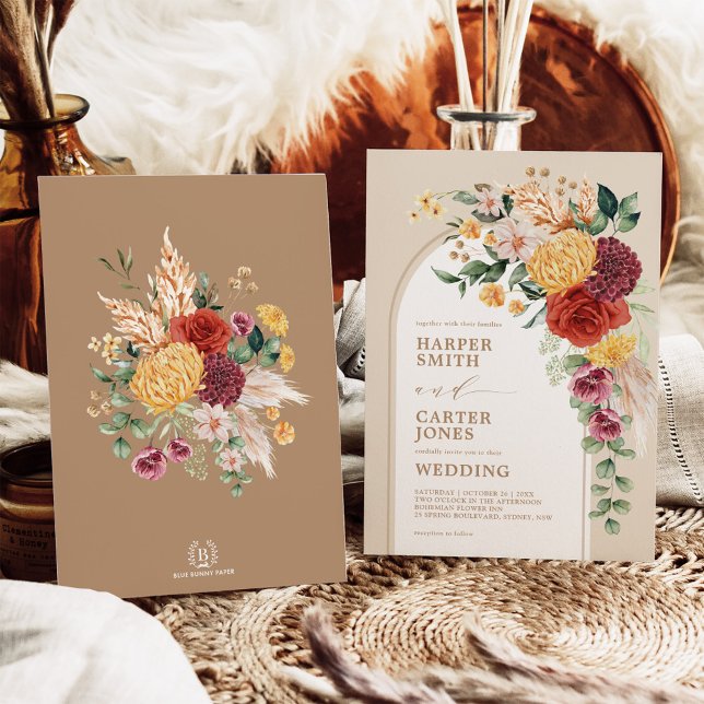 Vintage Bohemian Flowers Rustic Pampas Bröllop Inbjudningar (Skapare uppladdad)