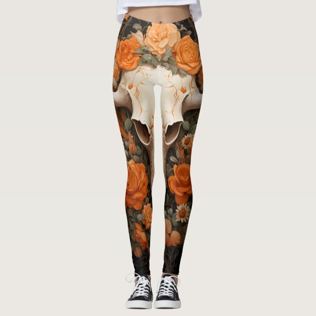 Vintage Bohemian Sugar Skull Bloom Leggings (Framsida)