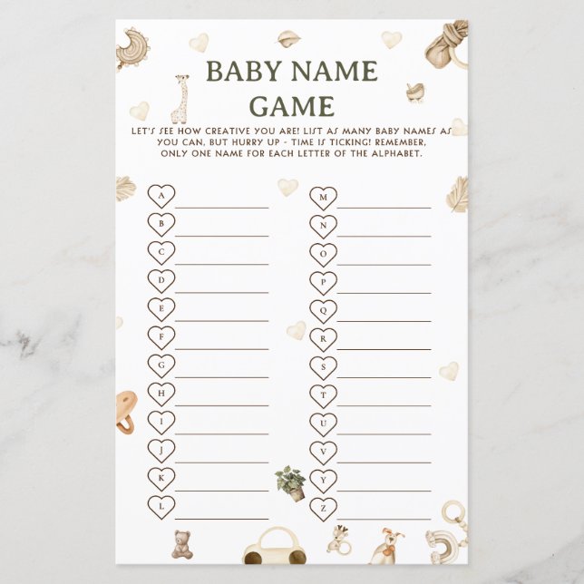 Vintage Boho Baby Shower Namntävlingsspel  (Framsida)