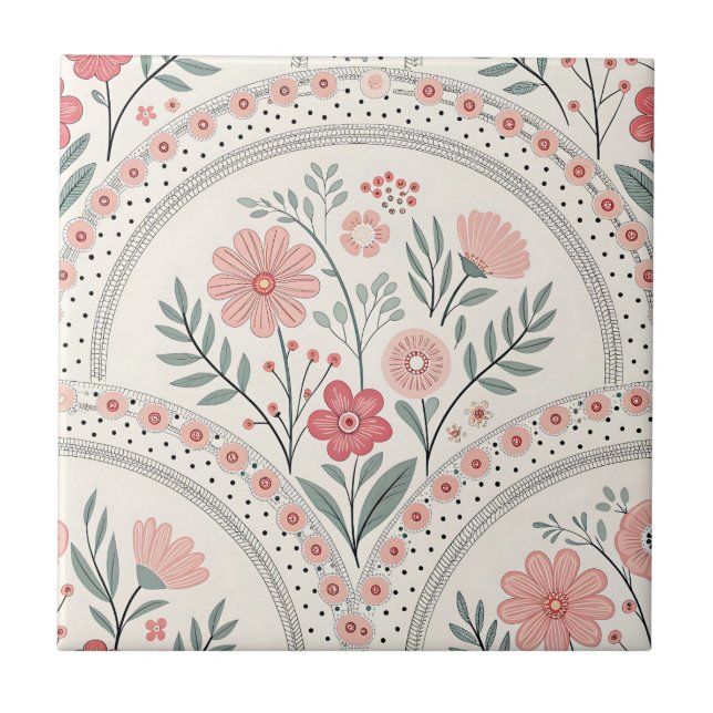 Vintage Boho Blommig Botanisk Kakelplatta (Framsidan)