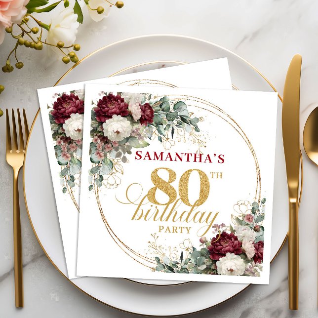 Vintage Boho Burgundy Blommiga Födelsedagsservette Pappersservett (Vintage Boho Burgundy Floral 80th Birthday Napkins)