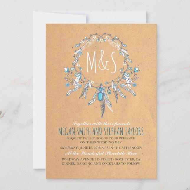 vintage boho drömfångare bröllop inbjudningar (Framsida)