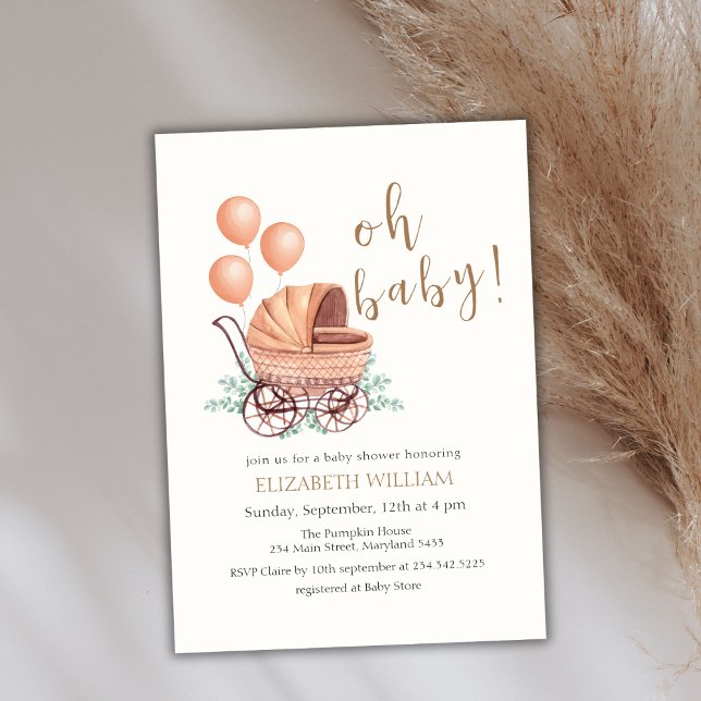 Vintage Boho Greenery Barnvagn Balloon Baby Shower Inbjudningar (Vintage Boho Greenery Stroller Balloon Baby Shower Invitation)
