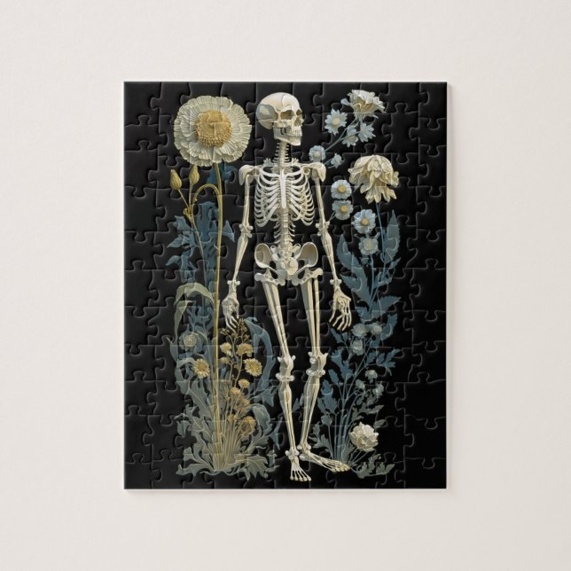 Vintage boho magisk blommigt skelett i svart pussel (Vertikal)