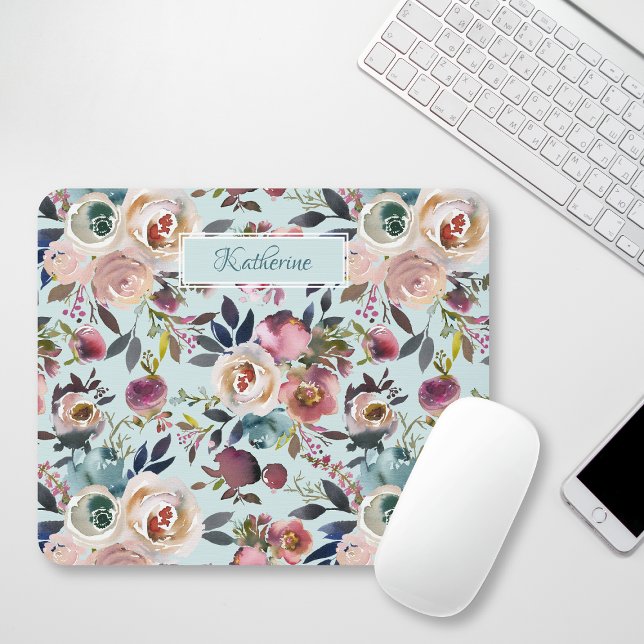 Vintage Boho målade Ro Dusty Blue  Rosa Musmatta (Vintage Boho Painted Roses Dusty Blue Blush Pink Mouse Pad)