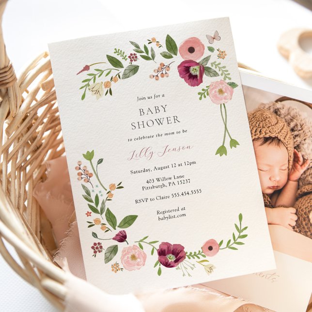 Vintage Boho Rosa Blommigt Baby Shower Inbjudningar (Skapare uppladdad)