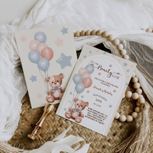Vintage Boho Teddybjörn Blå Rosa Ballonger Shower  Inbjudningar