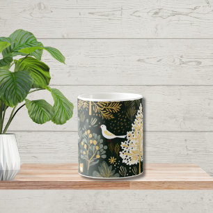 Vintage Boho Vit Grön Guld Fågel Träd Kaffemugg