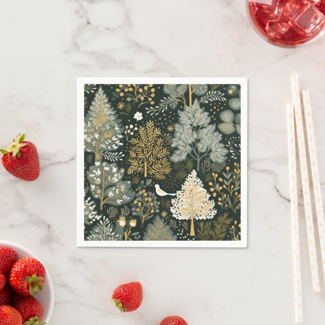 Vintage Boho Vita Gröna Guld Julgranar Pappersservett (Insitu)