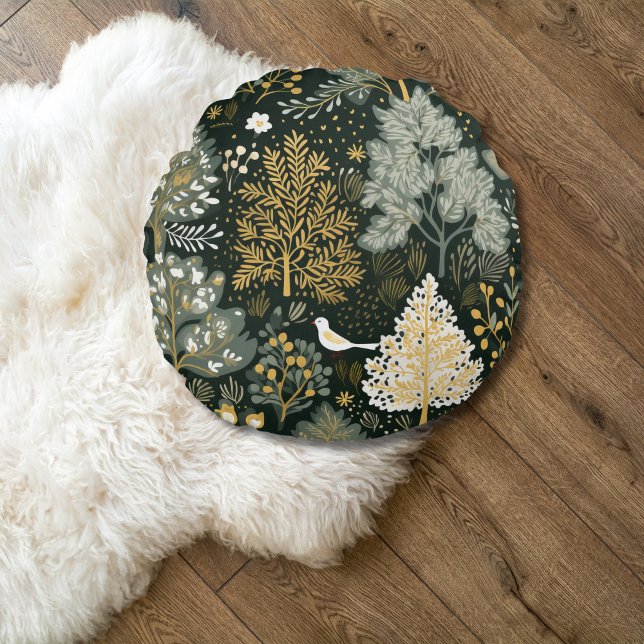 Vintage Boho Vita Gröna Guld Julgranar Rund Kudde (Green White Gold Boho Vintage Trees Birds Round Accent Pillow)
