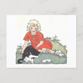 Vintage Bok Illustration Girl with Cat Vykort