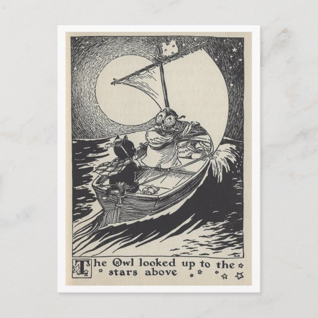 Vintage Bok Illustration Uggla i segelbåt Vykort (Framsida)