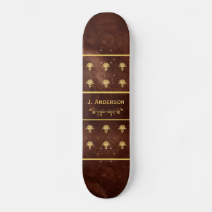 Vintage Bok Leather Brown och Guld Damask Pattern Old School Skateboard Bräda 21,6 Cm