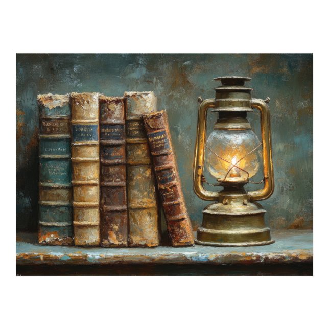 Vintage Bok Stack Painting Antique Bibliotek Wall Fototryck (Framsidan)