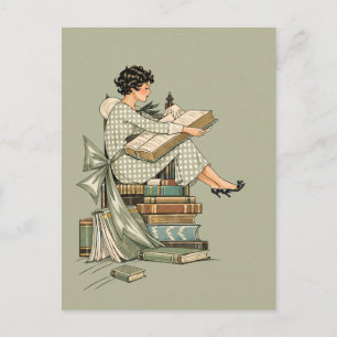 Vintage Bokälskare Illustration Vykort