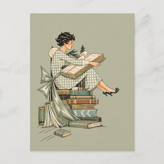 Vintage Bokälskare Illustration Vykort (Framsida)