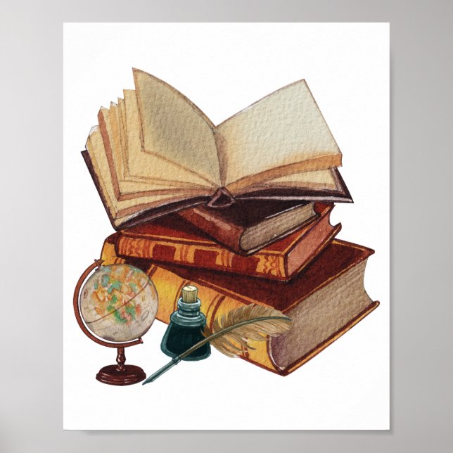 Vintage Bokar, Quill, Bläck och Globe Collage Poster (Framsidan)