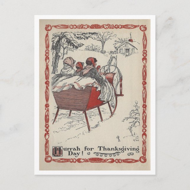Vintage bokillustration Thanksgiving slädfärd Vykort (Framsida)