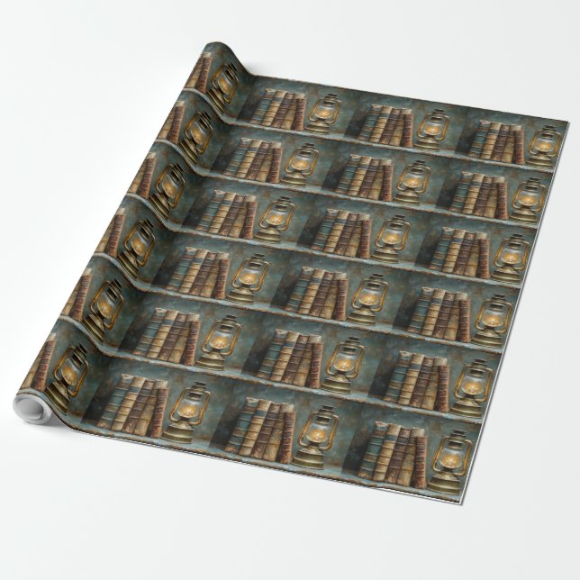 Vintage Bokstapel Målning Antik Bibliotek Vägg Presentpapper (Utrullad)