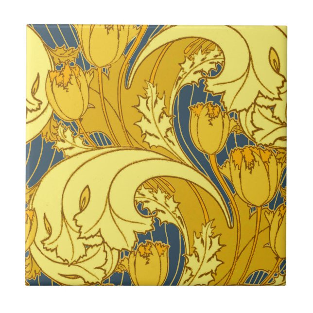 Vintage Bold Tulip Blue Guld Mönster Kakelplatta (Framsidan)