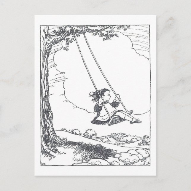 Vintage Book Illustration Girl Swinging Vykort (Framsida)