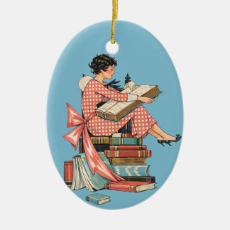 Vintage Book Lover Reading Illustration Julgransprydnad Keramik