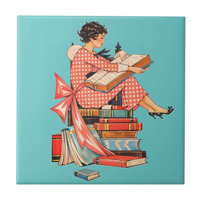 Vintage Book Lover Reading Illustration Kakelplatta (Framsidan)